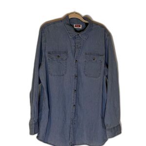 Wrangler Men's Button Up Shirt L Lng Slve Blue Chambray Western Casual Workwear